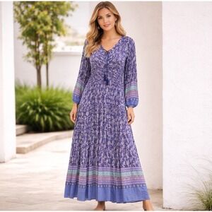 Few Moda Maxi Dress Women L Blue Paisley Floral Long Sleeve Boho Cottage Peasant
